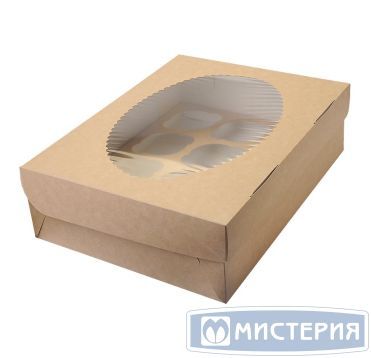 Коробка для кондит. изделий 330х250х100 мм с ложементом, с окном, неразъем.крышка, крафт-бел., карт., 25 шт/упак "OSQ" Muf 12 100 шт/кор РОССИЯ OSQ MUF 12