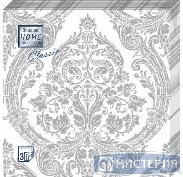 Салфетки 330х330 мм 3-сл., диз. "Royal.Серебро на белом", бело-сереб., бум., 20 шт/упак "Bouquet" 12 упак/кор РОССИЯ 37574