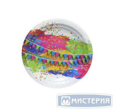 Тарелка одноразовая мелкая d180 мм, диз. "Краски праздника", карт. лам., 6 шт/упак "МИСТЕРИЯ" 432 шт/кор РОССИЯ